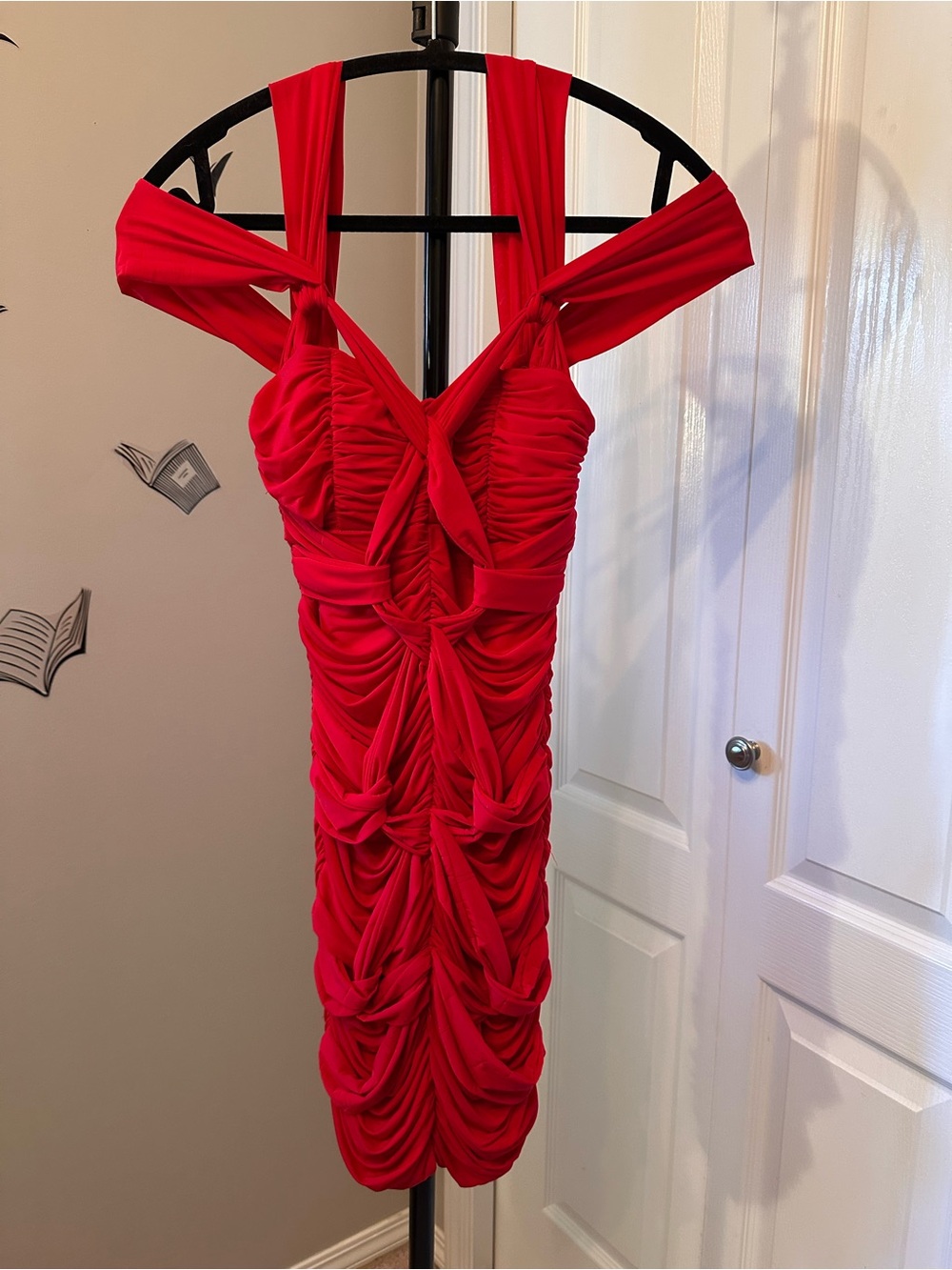 bebe Red Ruched Knot Front Bodycon Dress xs